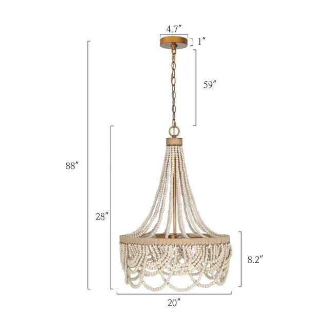 Alt view image 5 of 6 - Wood Beaded Chandelier, Large 3 Light White Boho Chandelier Light Fixtures Gold Bohemian Chandelier for Living Room Bedroom Dining Room, Solid Wood Beads and Natural Hemp Rope