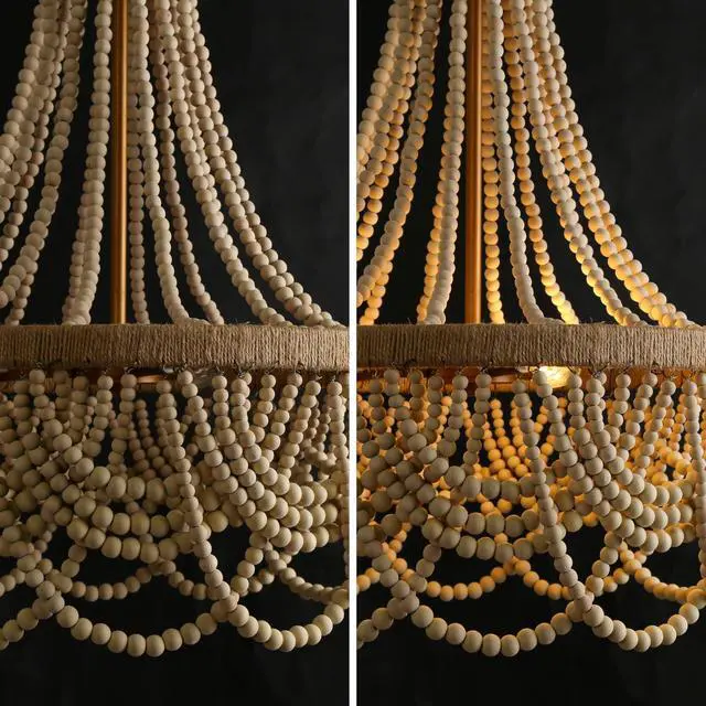Alt view image 6 of 6 - Wood Beaded Chandelier, Large 3 Light White Boho Chandelier Light Fixtures Gold Bohemian Chandelier for Living Room Bedroom Dining Room, Solid Wood Beads and Natural Hemp Rope