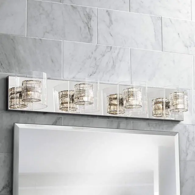 Alt view image 2 of 6 - Wrapped Wire Modern Wall Light Polished Chrome Silver Hardwired 30 3/4" Wide 4-Light Fixture Clear Glass Cylinder Shade for Bathroom Vanity Mirror House Home Hallway Room
