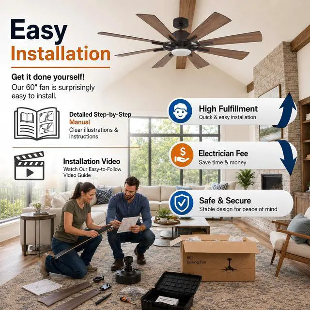 Alt view image 4 of 6 - Ceiling Fans with Lights and Remote, 60 Inch Farmhouse Ceiling Fan with Light for Bedroom Living Room, Large Outdoor Ceiling Fans for Patios Porch, DC Motor Reversible 8 Blades, 6 Speeds, Timer