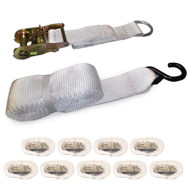 Alt view image 2 of 6 - 13' Foot White Ratchet Strap with S-Hook | Polyester Tie Down | 1.5" Inch Width | White | for Tying Down Canopy Tents, Inflatables, and Securing Cargo | 10 Pack
