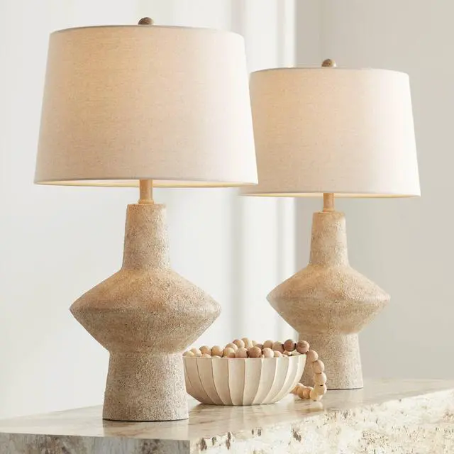 Main image of Cozumel 26 3/4" Tall Geometric Rustic Mid Century Modern Coastal Table Lamps Set of 2 Beige Living Room Bedroom Bedside Nightstand House Office Home Reading Off-White Shade