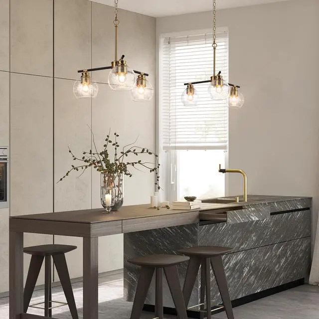 Alt view image 2 of 6 - 3 Lights Gold Chandelier, Dining Room Chandelier Over Table, Black Gold Hanging Ceiling Chandeliers Adjustable Modern Glass Pendant Light Fixture for Foyer, Kitchen, Living Room and Entryway