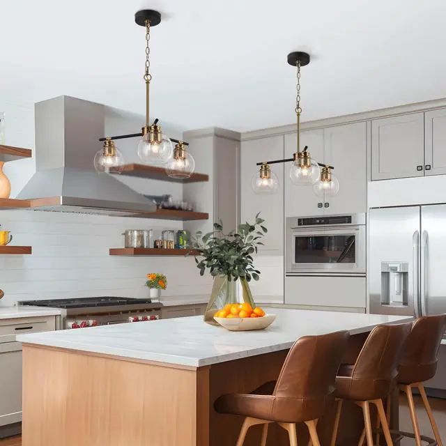 Alt view image 3 of 6 - 3 Lights Gold Chandelier, Dining Room Chandelier Over Table, Black Gold Hanging Ceiling Chandeliers Adjustable Modern Glass Pendant Light Fixture for Foyer, Kitchen, Living Room and Entryway