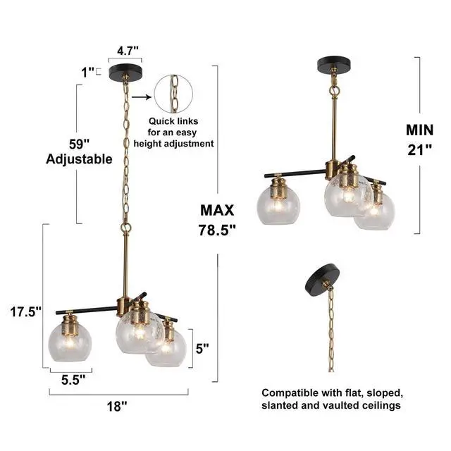 Alt view image 4 of 6 - 3 Lights Gold Chandelier, Dining Room Chandelier Over Table, Black Gold Hanging Ceiling Chandeliers Adjustable Modern Glass Pendant Light Fixture for Foyer, Kitchen, Living Room and Entryway