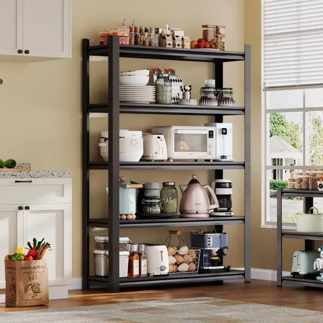 Main image of 72H Metal Kitchen Storage Shelves, 3000 LBS Heavy Duty Garage Shelving Unit, 5-Tier Adjustable Pantry Shelves, Food and Beverage Storage Rack, Appliance Storage Utility Shelf for Balcony - Black