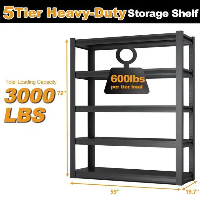 Alt view image 2 of 6 - 72H Metal Kitchen Storage Shelves, 3000 LBS Heavy Duty Garage Shelving Unit, 5-Tier Adjustable Pantry Shelves, Food and Beverage Storage Rack, Appliance Storage Utility Shelf for Balcony - Black