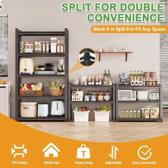 Alt view image 4 of 6 - 72H Metal Kitchen Storage Shelves, 3000 LBS Heavy Duty Garage Shelving Unit, 5-Tier Adjustable Pantry Shelves, Food and Beverage Storage Rack, Appliance Storage Utility Shelf for Balcony - Black