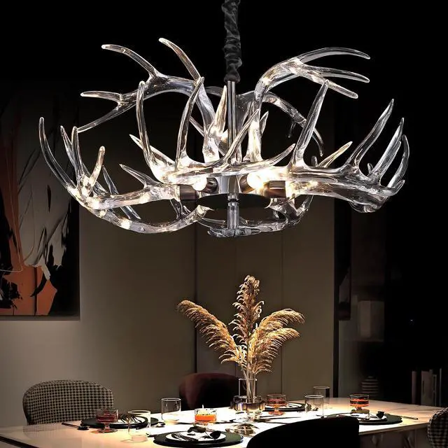 Main image of Acrylic Antler Chandelier Ceiling Light Fixtures, Clear Deer Chandelier Lighting, Dimmable Deer Horn Pendant Light Curved Antler & Black 29.9" Single Tier 9 Lights