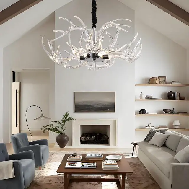 Alt view image 2 of 6 - Acrylic Antler Chandelier Ceiling Light Fixtures, Clear Deer Chandelier Lighting, Dimmable Deer Horn Pendant Light Curved Antler & Black 29.9" Single Tier 9 Lights