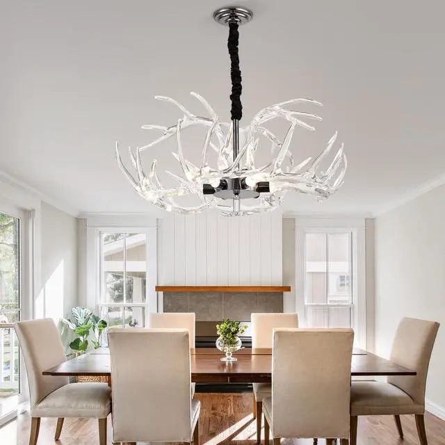 Alt view image 4 of 6 - Acrylic Antler Chandelier Ceiling Light Fixtures, Clear Deer Chandelier Lighting, Dimmable Deer Horn Pendant Light Curved Antler & Black 29.9" Single Tier 9 Lights