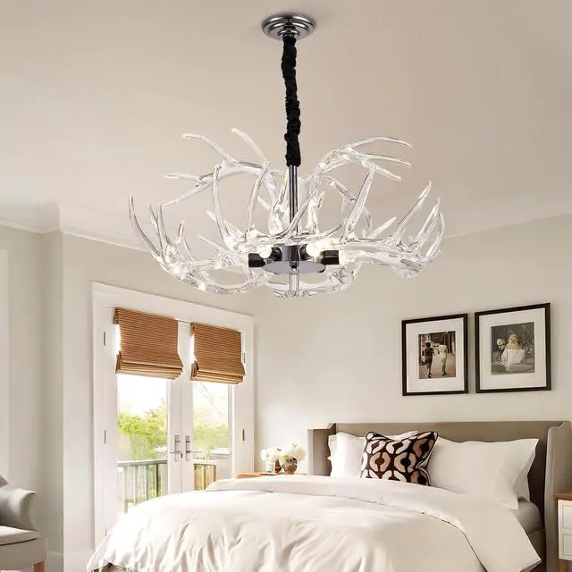 Alt view image 5 of 6 - Acrylic Antler Chandelier Ceiling Light Fixtures, Clear Deer Chandelier Lighting, Dimmable Deer Horn Pendant Light Curved Antler & Black 29.9" Single Tier 9 Lights