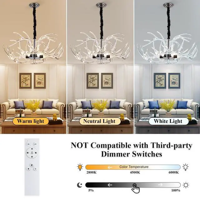 Alt view image 6 of 6 - Acrylic Antler Chandelier Ceiling Light Fixtures, Clear Deer Chandelier Lighting, Dimmable Deer Horn Pendant Light Curved Antler & Black 29.9" Single Tier 9 Lights