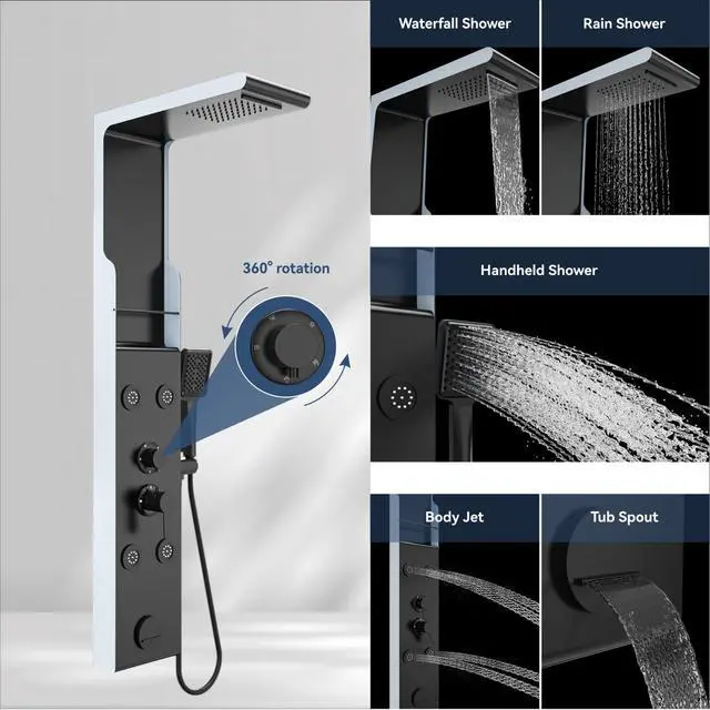 Alt view image 2 of 6 - Shower Panel Tower System with Shelf, Rainfall Shower Head and Rain Massage System with Body Jets, Stainless Steel Bathroom Fixtures, Matte Black&Slive