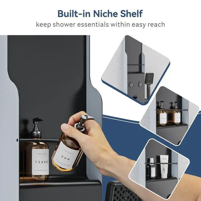 Alt view image 3 of 6 - Shower Panel Tower System with Shelf, Rainfall Shower Head and Rain Massage System with Body Jets, Stainless Steel Bathroom Fixtures, Matte Black&Slive