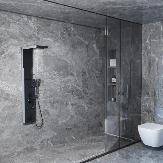 Alt view image 4 of 6 - Shower Panel Tower System with Shelf, Rainfall Shower Head and Rain Massage System with Body Jets, Stainless Steel Bathroom Fixtures, Matte Black&Slive