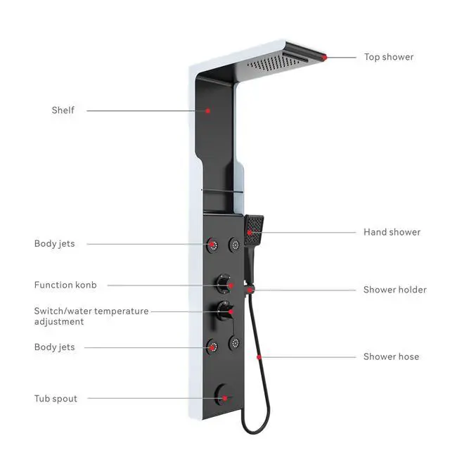 Alt view image 6 of 6 - Shower Panel Tower System with Shelf, Rainfall Shower Head and Rain Massage System with Body Jets, Stainless Steel Bathroom Fixtures, Matte Black&Slive
