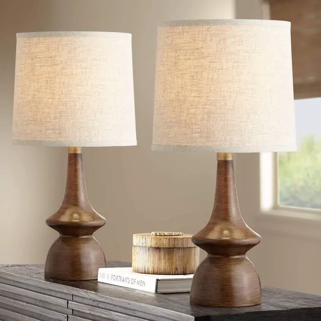 Alt view image 2 of 5 - Rexford Mid Century Modern Table Lamps 24" Tall Set of 2 Walnut Brown Faux Wood Off White Drum Shade for Bedroom Living Room House Home Bedside Nightstand Office Kids Family