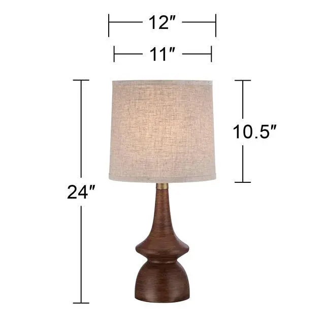 Alt view image 4 of 5 - Rexford Mid Century Modern Table Lamps 24" Tall Set of 2 Walnut Brown Faux Wood Off White Drum Shade for Bedroom Living Room House Home Bedside Nightstand Office Kids Family