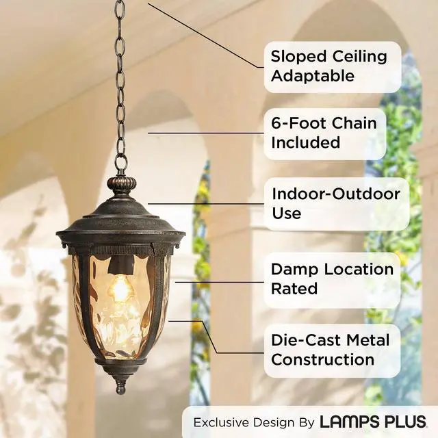 Alt view image 3 of 6 - Bellagio European Outdoor Ceiling Light Hanging Bronze Brown 18" Champagne Hammered Glass Damp Rated for Exterior House Porch Patio Outside Deck Garage Front Door Garden Home