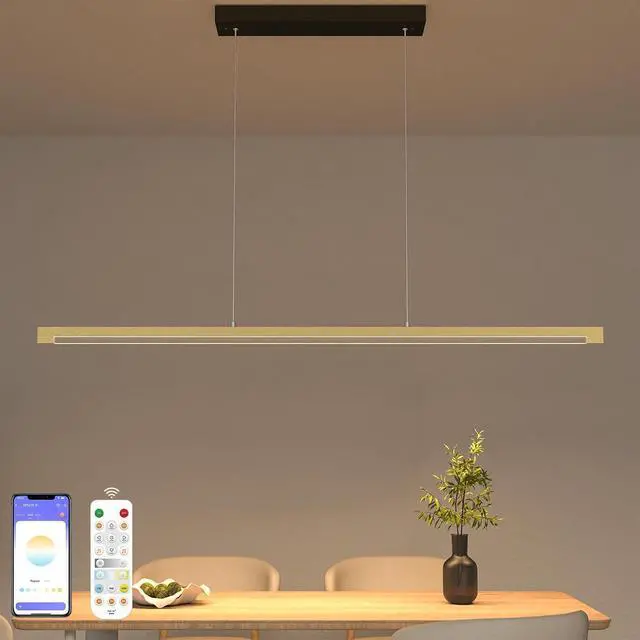 Alt view image 2 of 6 - 2 Pack 54" Linear Pendant Light Aluminum, 40W Gold Dimmable Kitchen Island Lighting with Remote App Control, Adjustable CCT (3000K-6000K), Modern Chandelier for Home Office Dining Room Study