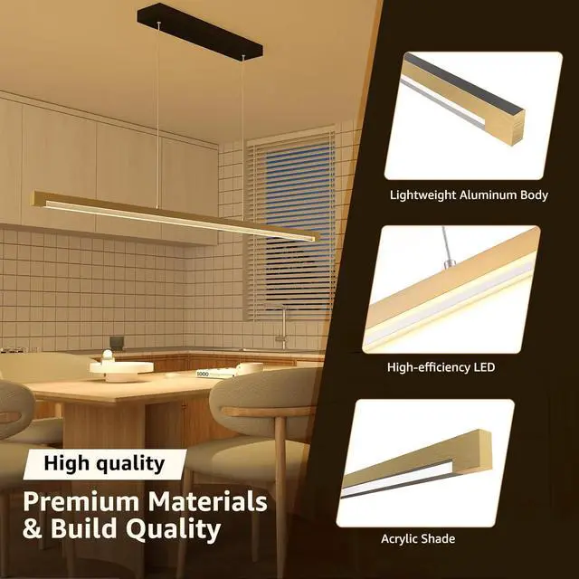 Alt view image 4 of 6 - 2 Pack 54" Linear Pendant Light Aluminum, 40W Gold Dimmable Kitchen Island Lighting with Remote App Control, Adjustable CCT (3000K-6000K), Modern Chandelier for Home Office Dining Room Study