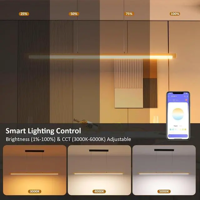 Alt view image 5 of 6 - 2 Pack 54" Linear Pendant Light Aluminum, 40W Gold Dimmable Kitchen Island Lighting with Remote App Control, Adjustable CCT (3000K-6000K), Modern Chandelier for Home Office Dining Room Study