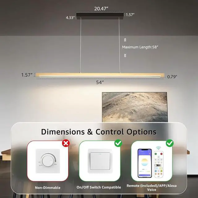 Alt view image 6 of 6 - 2 Pack 54" Linear Pendant Light Aluminum, 40W Gold Dimmable Kitchen Island Lighting with Remote App Control, Adjustable CCT (3000K-6000K), Modern Chandelier for Home Office Dining Room Study