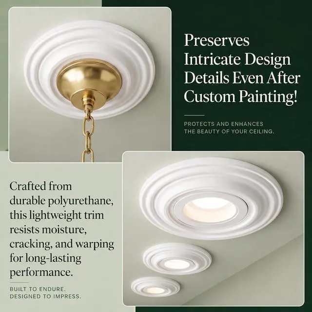 Alt view image 4 of 5 - 9 in. OD Primed White Paintable Goof Trim Ring for Recessed Can Lighting, 5 in. Inner Diameter Polyurethane Ceiling Medallion for Down Light Trim Repair Pack of 7