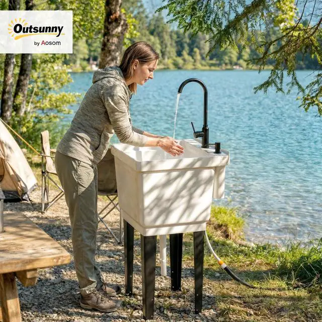 Alt view image 2 of 6 - 23-Gallon Utility Sink Laundry Tub for Washing Room, Freestanding Laundry Sink with Soap Dispenser, Faucet, Inlet and Drain Hoses, Portable Utility Tub for Indoor & Outdoor