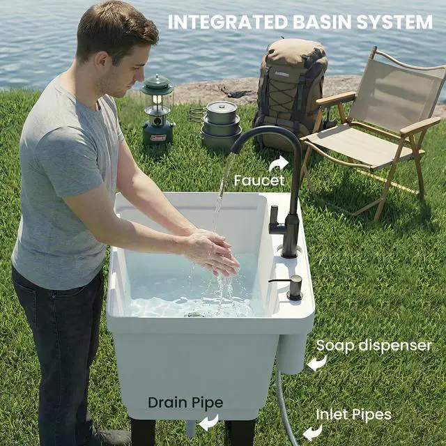 Alt view image 5 of 6 - 23-Gallon Utility Sink Laundry Tub for Washing Room, Freestanding Laundry Sink with Soap Dispenser, Faucet, Inlet and Drain Hoses, Portable Utility Tub for Indoor & Outdoor