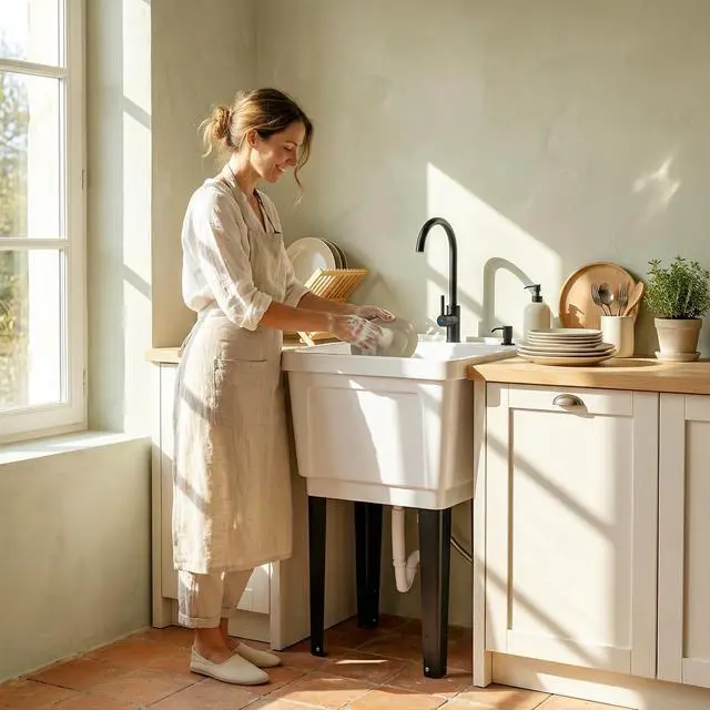 Alt view image 6 of 6 - 23-Gallon Utility Sink Laundry Tub for Washing Room, Freestanding Laundry Sink with Soap Dispenser, Faucet, Inlet and Drain Hoses, Portable Utility Tub for Indoor & Outdoor