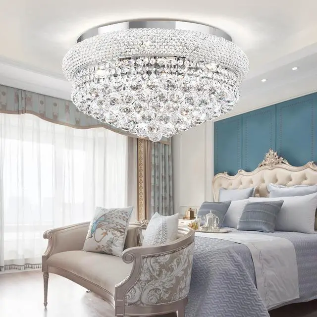 Alt view image 2 of 6 - 24'' Chrome Crystal Round Chandelier Flush Mount LED Ceiling Light with 3 Dimmble Lighting Fixture for Dining Living Room Bedroom Kitchen Foyer Hallway
