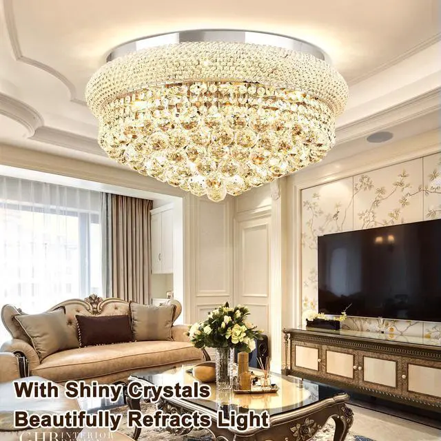 Alt view image 3 of 6 - 24'' Chrome Crystal Round Chandelier Flush Mount LED Ceiling Light with 3 Dimmble Lighting Fixture for Dining Living Room Bedroom Kitchen Foyer Hallway
