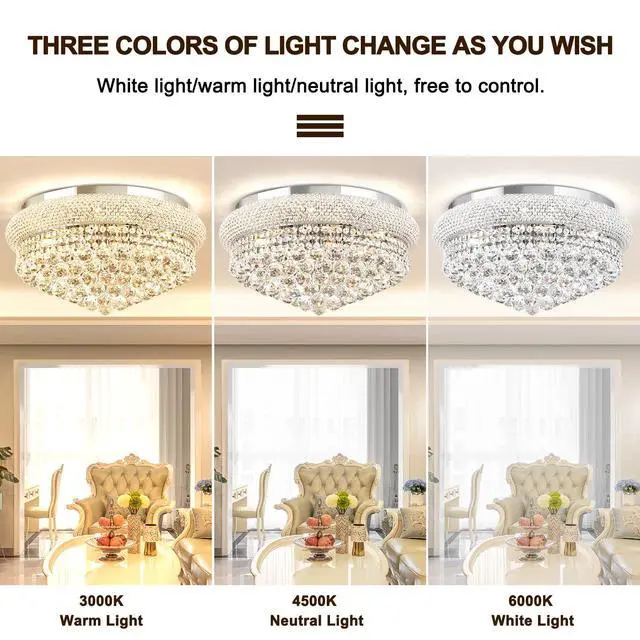 Alt view image 5 of 6 - 24'' Chrome Crystal Round Chandelier Flush Mount LED Ceiling Light with 3 Dimmble Lighting Fixture for Dining Living Room Bedroom Kitchen Foyer Hallway
