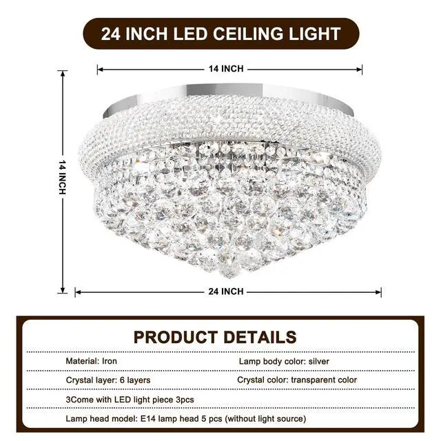 Alt view image 6 of 6 - 24'' Chrome Crystal Round Chandelier Flush Mount LED Ceiling Light with 3 Dimmble Lighting Fixture for Dining Living Room Bedroom Kitchen Foyer Hallway