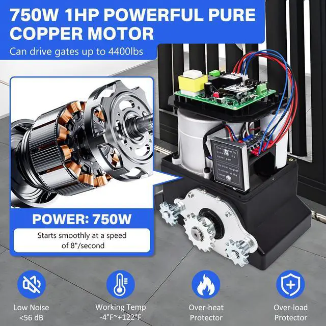 Alt view image 2 of 6 - 4400LB Automatic Sliding Gate Opener,750W APP Control Electric Rolling Driveway Slide Gate Motor with 4 Remotes,Wireless Keyboard,Gate Operator Hardware Kit for Security,Up to 40FT (Chain Driven)