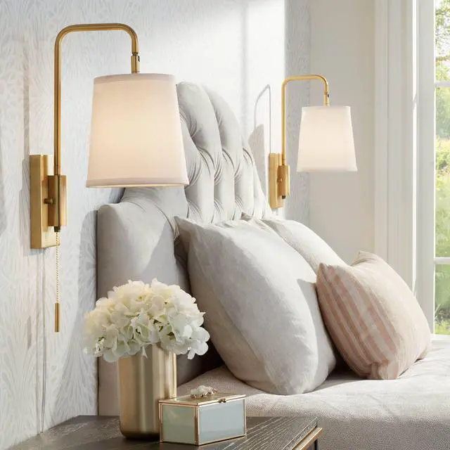Main image of Luca Modern Swing Arm Wall Lamps Set of 2 Warm Brass Metal Plug-in Light Fixture White Fabric Drum Shade for Bedroom Bedside House Reading Living Room Home Hallway Dining