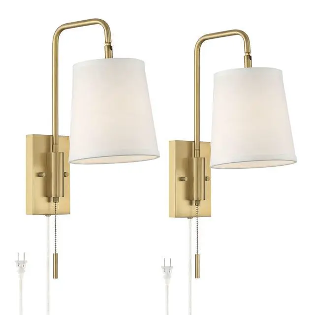 Alt view image 2 of 6 - Luca Modern Swing Arm Wall Lamps Set of 2 Warm Brass Metal Plug-in Light Fixture White Fabric Drum Shade for Bedroom Bedside House Reading Living Room Home Hallway Dining