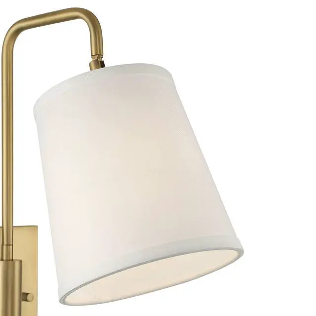 Alt view image 3 of 6 - Luca Modern Swing Arm Wall Lamps Set of 2 Warm Brass Metal Plug-in Light Fixture White Fabric Drum Shade for Bedroom Bedside House Reading Living Room Home Hallway Dining