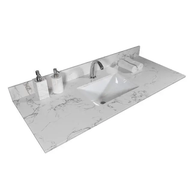 Alt view image 2 of 6 - 43" Bathroom Vanity Top, Carrara White Marble Vanity Sink Top with Undermount Ceramic Sink and Back Splash with Single Hole for Bathrom Cabinet (43"x22"(Single Hole))