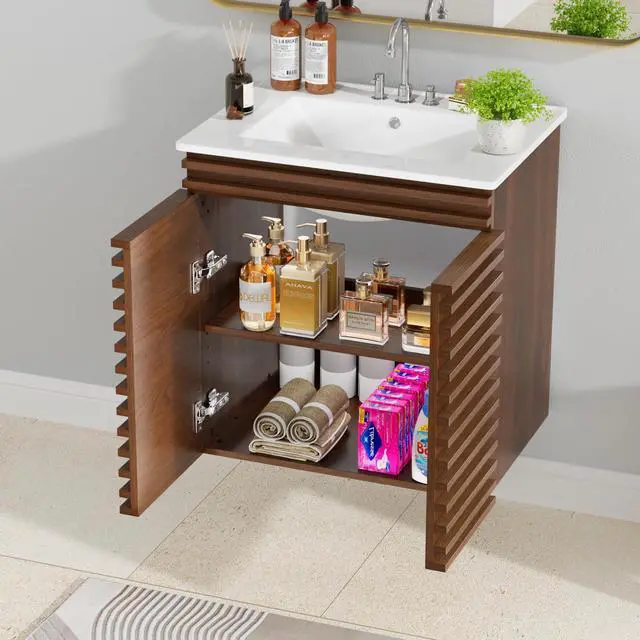 Alt view image 2 of 6 - 24" Bathroom Vanity with Ceramic Sink Combo, Mid-Century Wall Mounted Floating Vanity Cabinet with 2 Closing Doors, Wood Grain Texture, Walnut