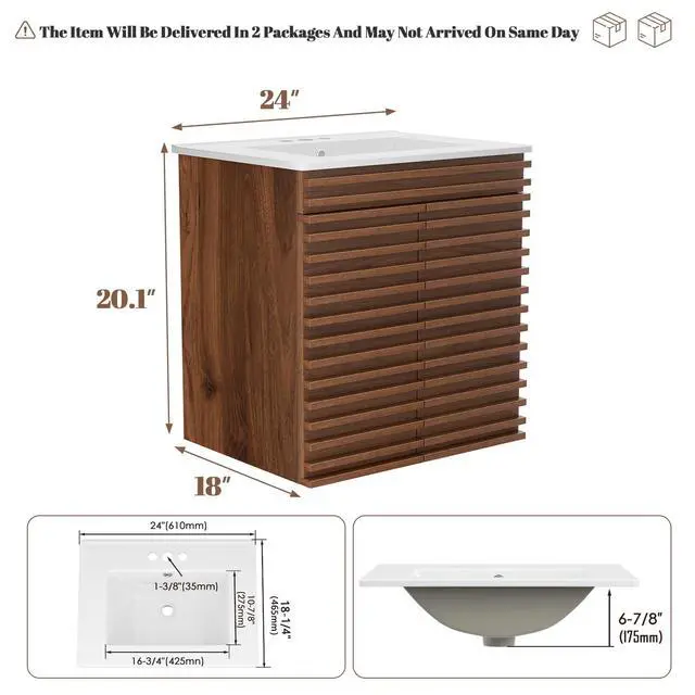 Alt view image 3 of 6 - 24" Bathroom Vanity with Ceramic Sink Combo, Mid-Century Wall Mounted Floating Vanity Cabinet with 2 Closing Doors, Wood Grain Texture, Walnut