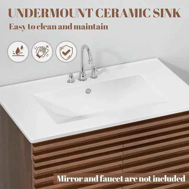 Alt view image 4 of 6 - 24" Bathroom Vanity with Ceramic Sink Combo, Mid-Century Wall Mounted Floating Vanity Cabinet with 2 Closing Doors, Wood Grain Texture, Walnut