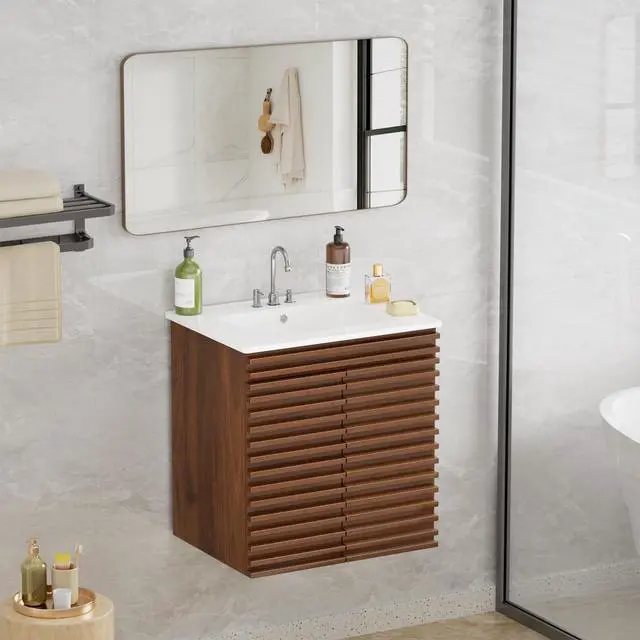 Alt view image 6 of 6 - 24" Bathroom Vanity with Ceramic Sink Combo, Mid-Century Wall Mounted Floating Vanity Cabinet with 2 Closing Doors, Wood Grain Texture, Walnut