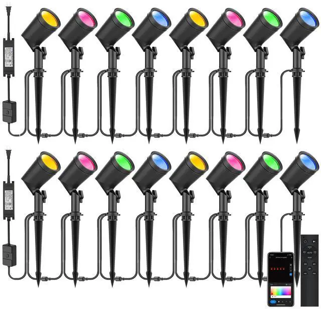 Main image of APP Control Die-Cast Aluminum RGB Landscape Spotlights with Remote Control, Color Changing Music Sync Timer Alexa Compatible, Outdoor IP65 Waterproof for Patio Garden Yard Pathway, 16 Pack (2×8)