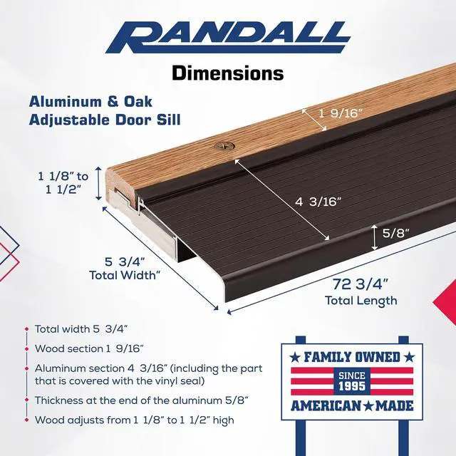 Alt view image 2 of 5 - Exterior Inswing Threshold | Oak & Aluminum Adjustable Sill with Wood Base | 5 ¾ Wide | 6 Feet Long | Adjusts from 1 1/8 to 1 ½ High | Brown Aluminum | Primed Wood
