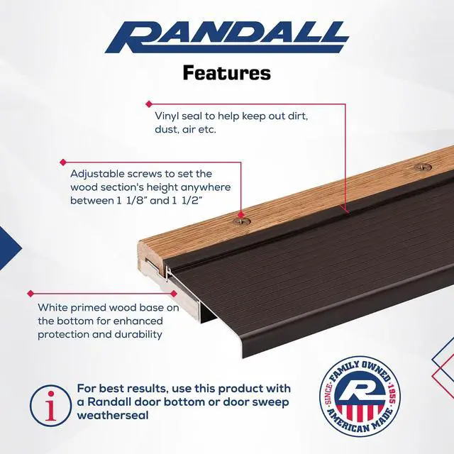 Alt view image 3 of 5 - Exterior Inswing Threshold | Oak & Aluminum Adjustable Sill with Wood Base | 5 ¾ Wide | 6 Feet Long | Adjusts from 1 1/8 to 1 ½ High | Brown Aluminum | Primed Wood
