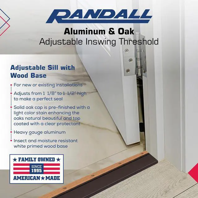 Alt view image 4 of 5 - Exterior Inswing Threshold | Oak & Aluminum Adjustable Sill with Wood Base | 5 ¾ Wide | 6 Feet Long | Adjusts from 1 1/8 to 1 ½ High | Brown Aluminum | Primed Wood