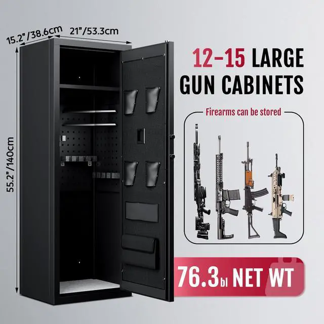 Alt view image 2 of 6 - 12-15 Gun Safe, Gun Safe for Rifles and Pistols, Large Fingerprint Rifle Safe, Biometric Safe and Password Lock, Gun Cabinet for Home with 4 Handgun Pockets, Free Diy Back Panel